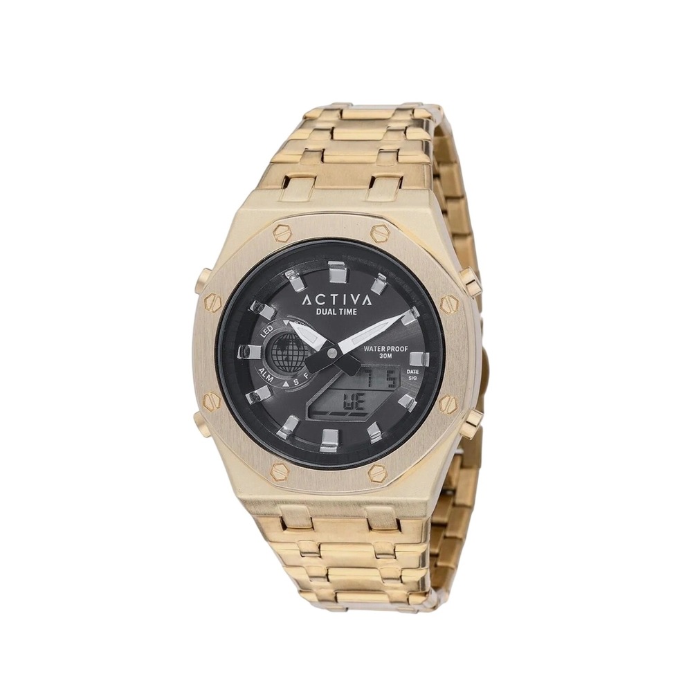 Activa Dual Time Mens Gold Tone Analog Digital Watch Water Resistant 30M (NEW)